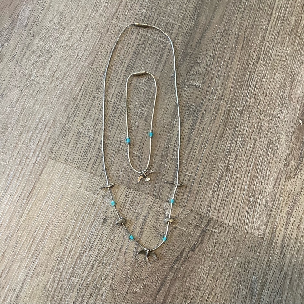 Vintage Stirling Silver Necklace-Bracelet Set With Turquoise Beads EUC